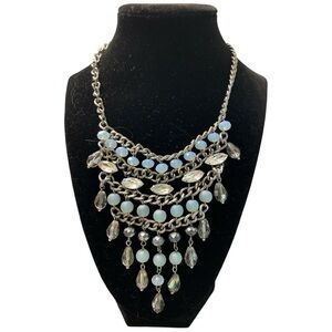 Silver and Blue Multi-Tiered Statement  Bib Necklace with Cascading Design